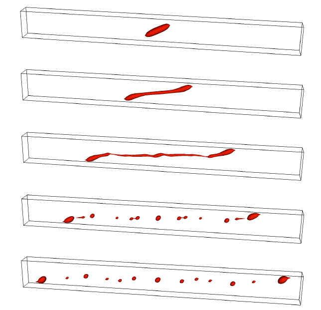 Five snapshots of a red liquid thread in a long three-dimensional channel breaking into a row of droplets